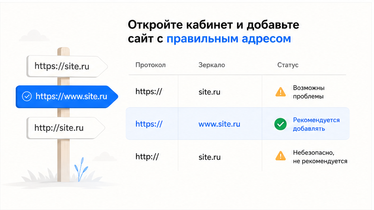 Сравнение адресов сайта: https, www и зеркало в Вебмастере