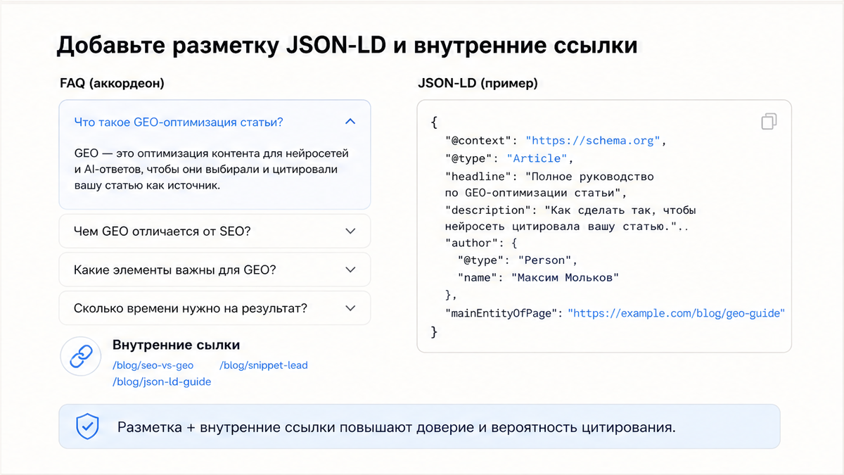 FAQ + schema / JSON-LD UI: Добавьте разметку JSON-LD и внутренние ссылки