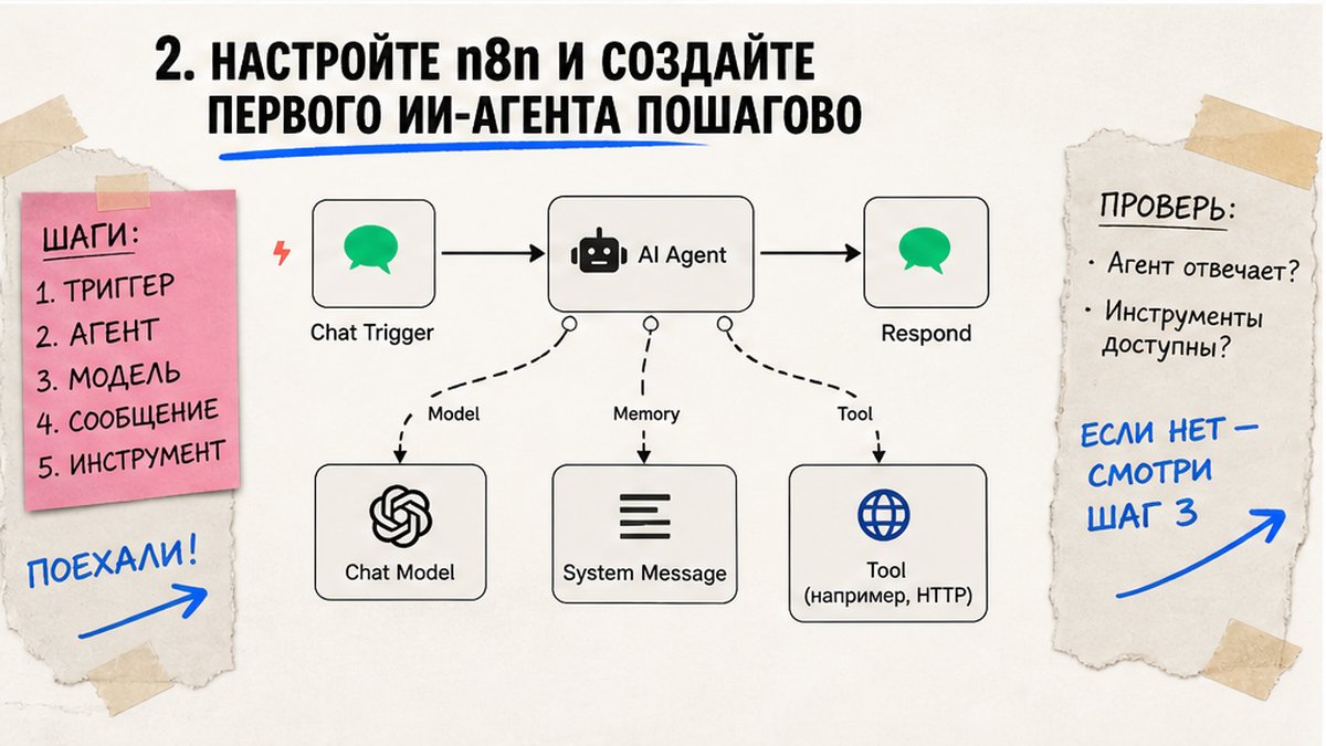 Схема n8n AI Agent: Chat Trigger, Tools Agent, Chat Model