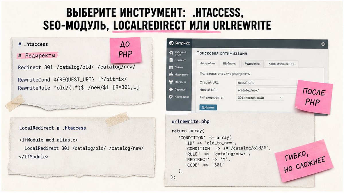 Четыре способы 301 редиректа на 1С-Битрикс: .htaccess, SEO-модуль, LocalRedirect, urlrewrite